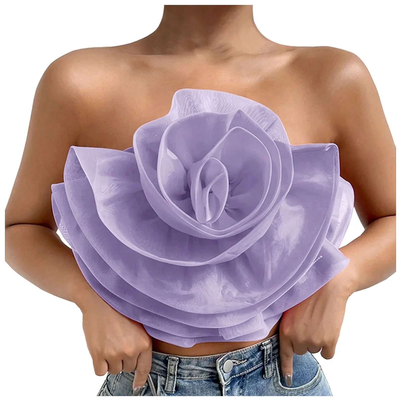 Women's Flower Front Crop Tube Top Sleeveless Strapless Solid Shirred Tops Summer 2024 Chic Trendy Clothes Vest Tank Female Tops