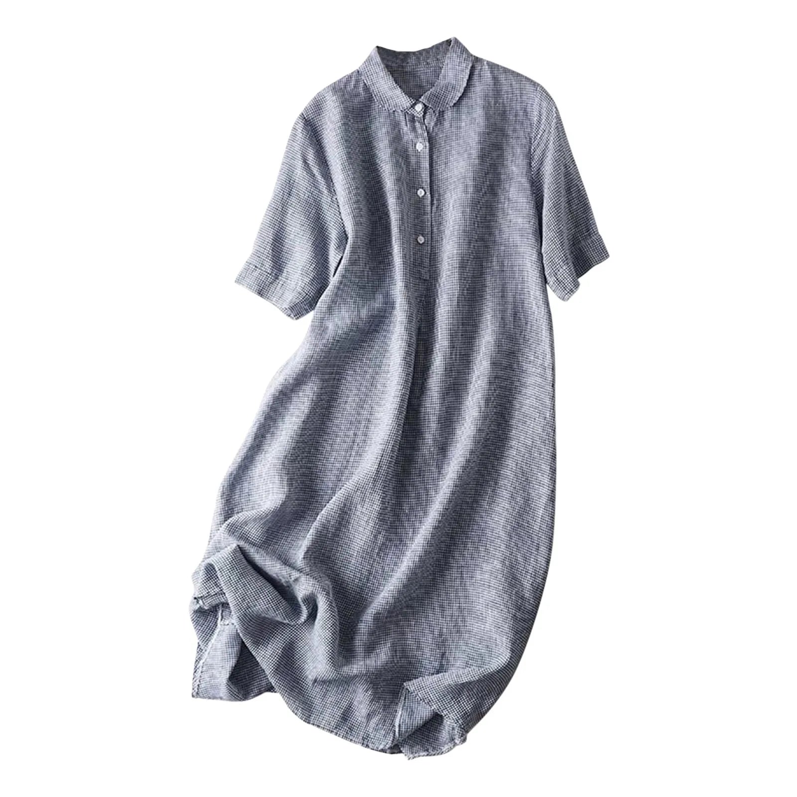 Retro Cotton Linen Shirt Long Dresses Ladies Short Sleeve Oversized Shirt Dress Korean Fashion Loose Lapel Sundress Y2k Clothing