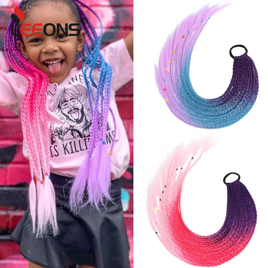 Synthetic 24 Inch Long Colored Box Braids Hair Ponytail With Rubber Bands Rainbow Twist Braided Highlights Ponytail For Women