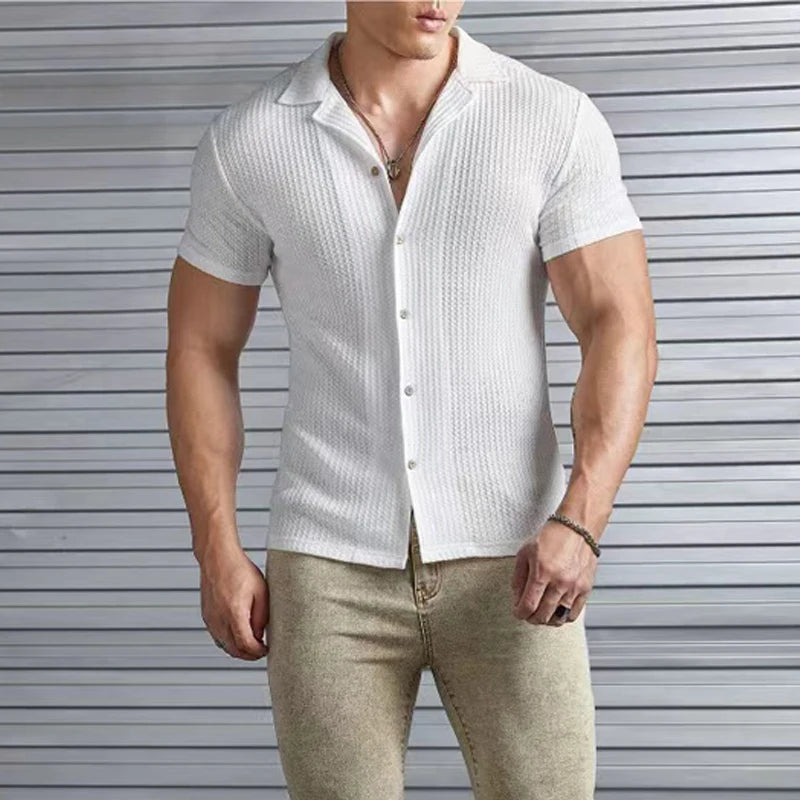 Men's Shirts Summer Turn-down Collar Stirpes Solid Waffle Casal Cardigan Loose Muscle Casual Short Sleeve Shirt For Male Tops