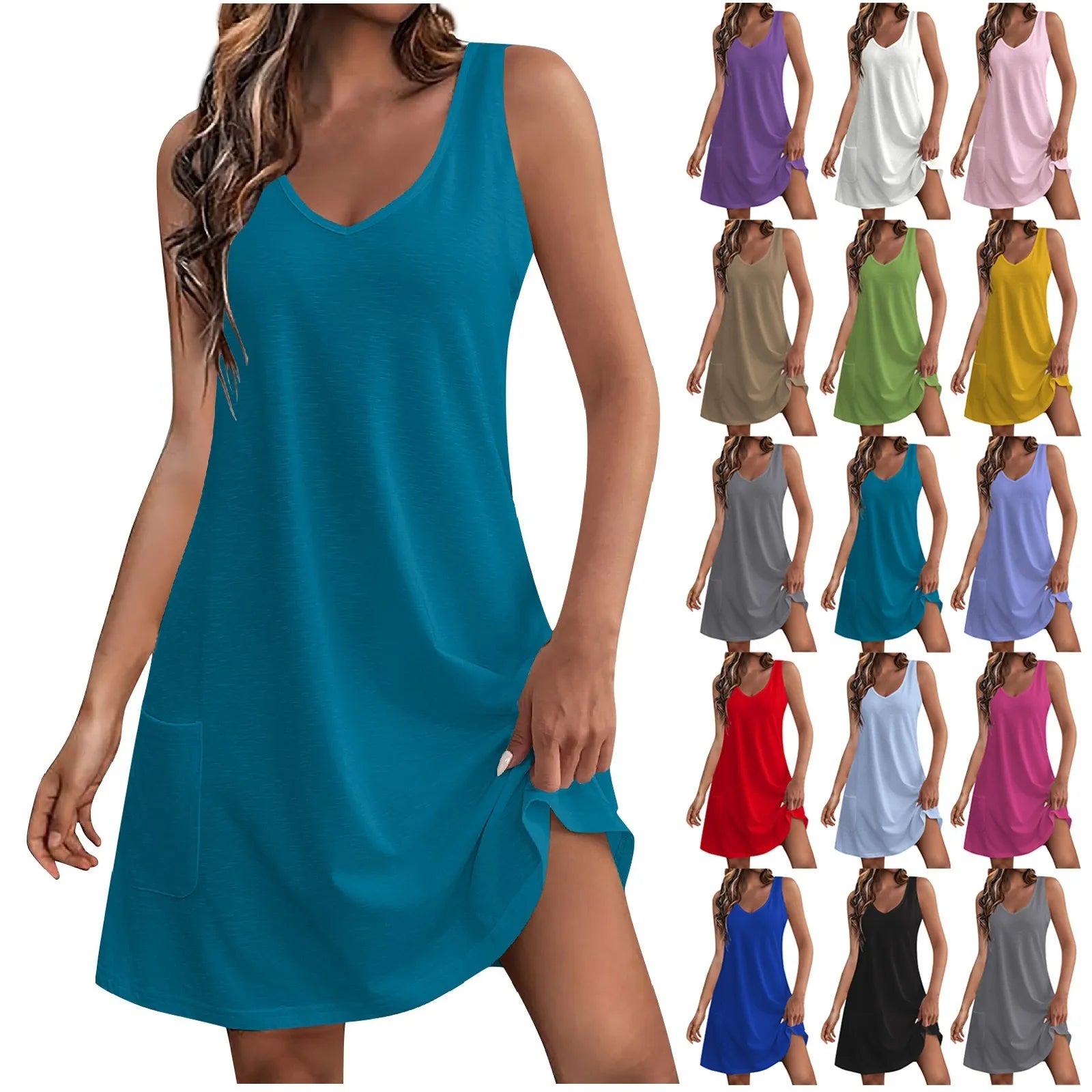 Vestidos Women'S Casual Sundress With Pockets Summer New Camisole Boho Beachwear Sundress Sleeveless V-Neck Loose Dress 2024