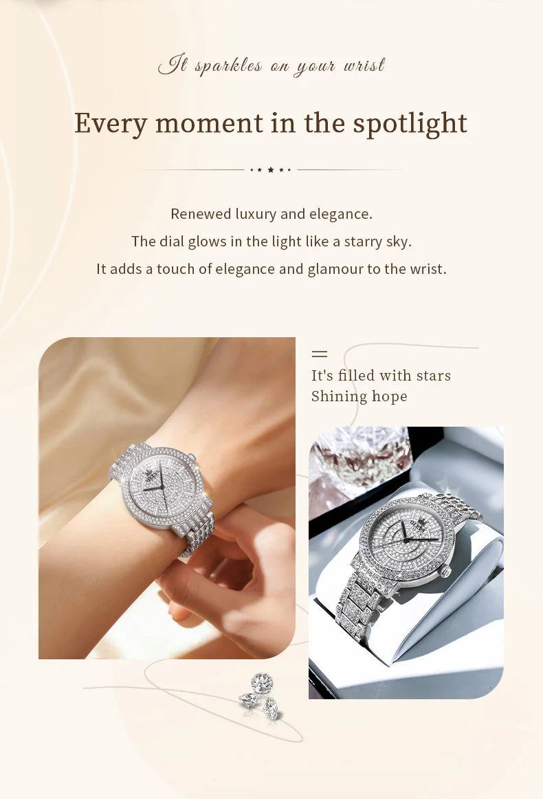 OLEVS Top Original Brand Women's Watches Elegant Luxury Full Diamond Quartz Watch for Lady's Waterproof Silver Female Wristwatch