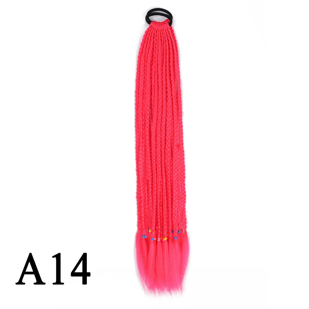 Synthetic 24 Inch Long Colored Box Braids Hair Ponytail With Rubber Bands Rainbow Twist Braided Highlights Ponytail For Women