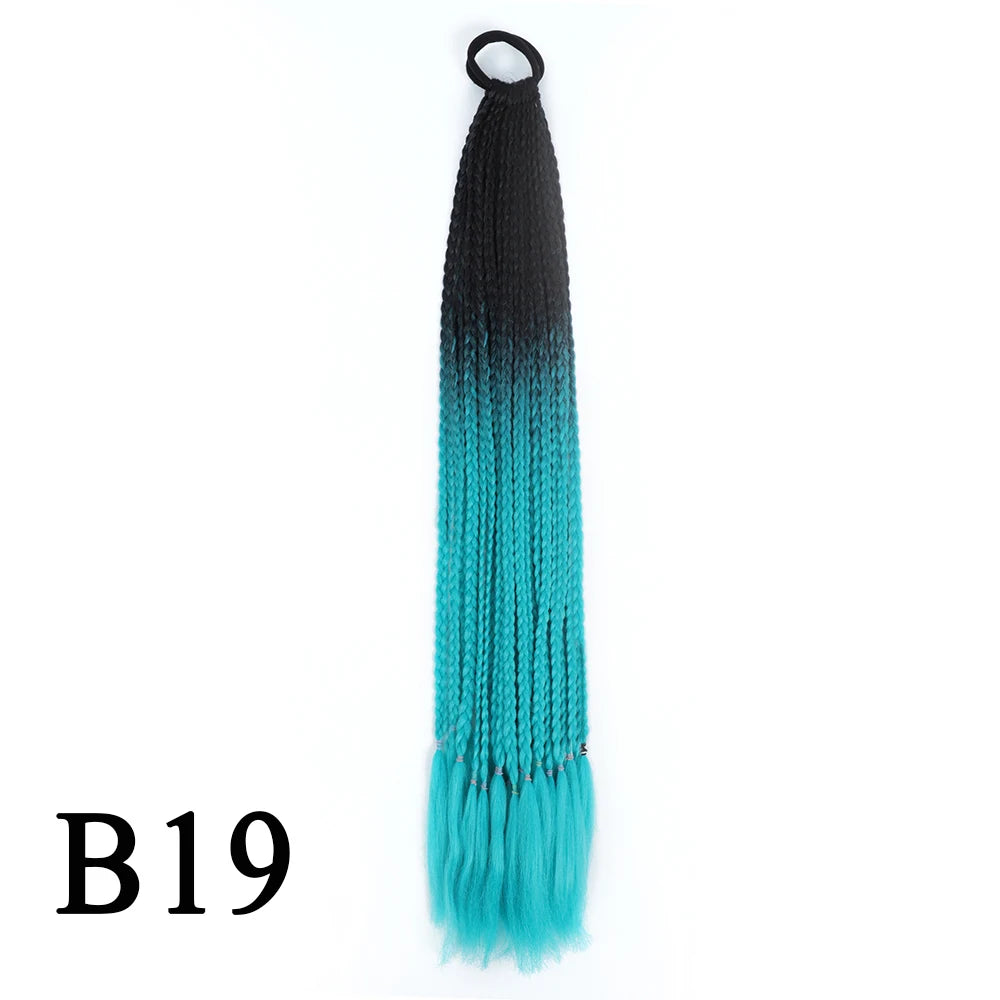Synthetic 24 Inch Long Colored Box Braids Hair Ponytail With Rubber Bands Rainbow Twist Braided Highlights Ponytail For Women
