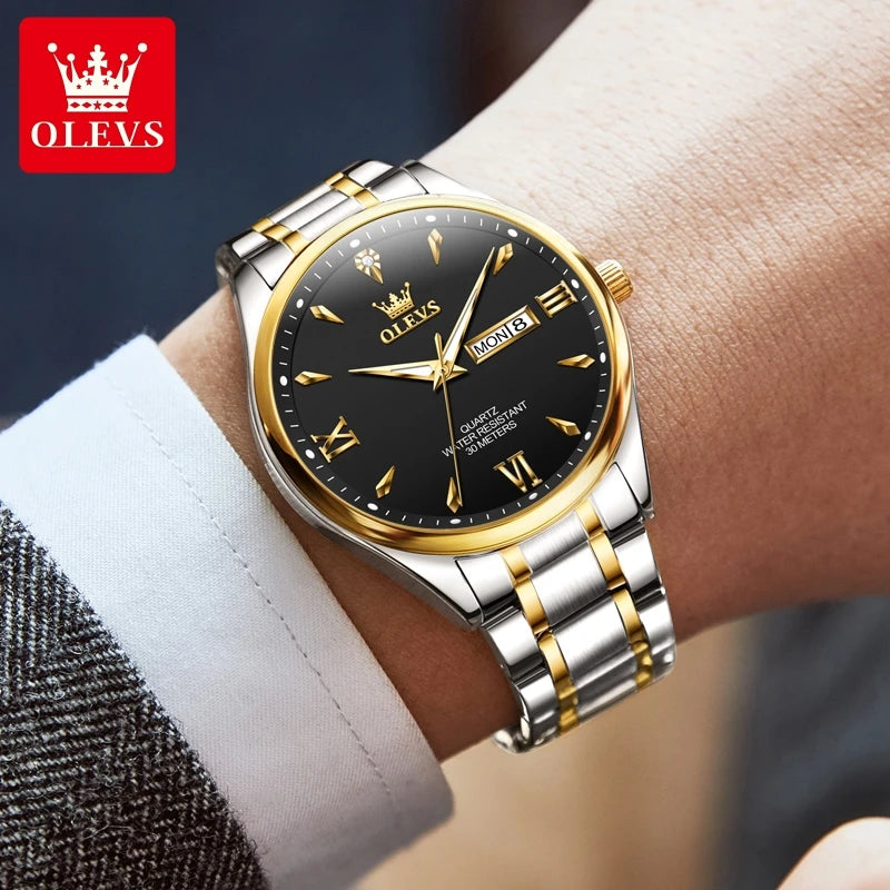 OLEVS Fashion Brand Original Men's Watches Week Calendar Luminous Quartz Watch for Men Waterproof Stainless Steel Strap Business