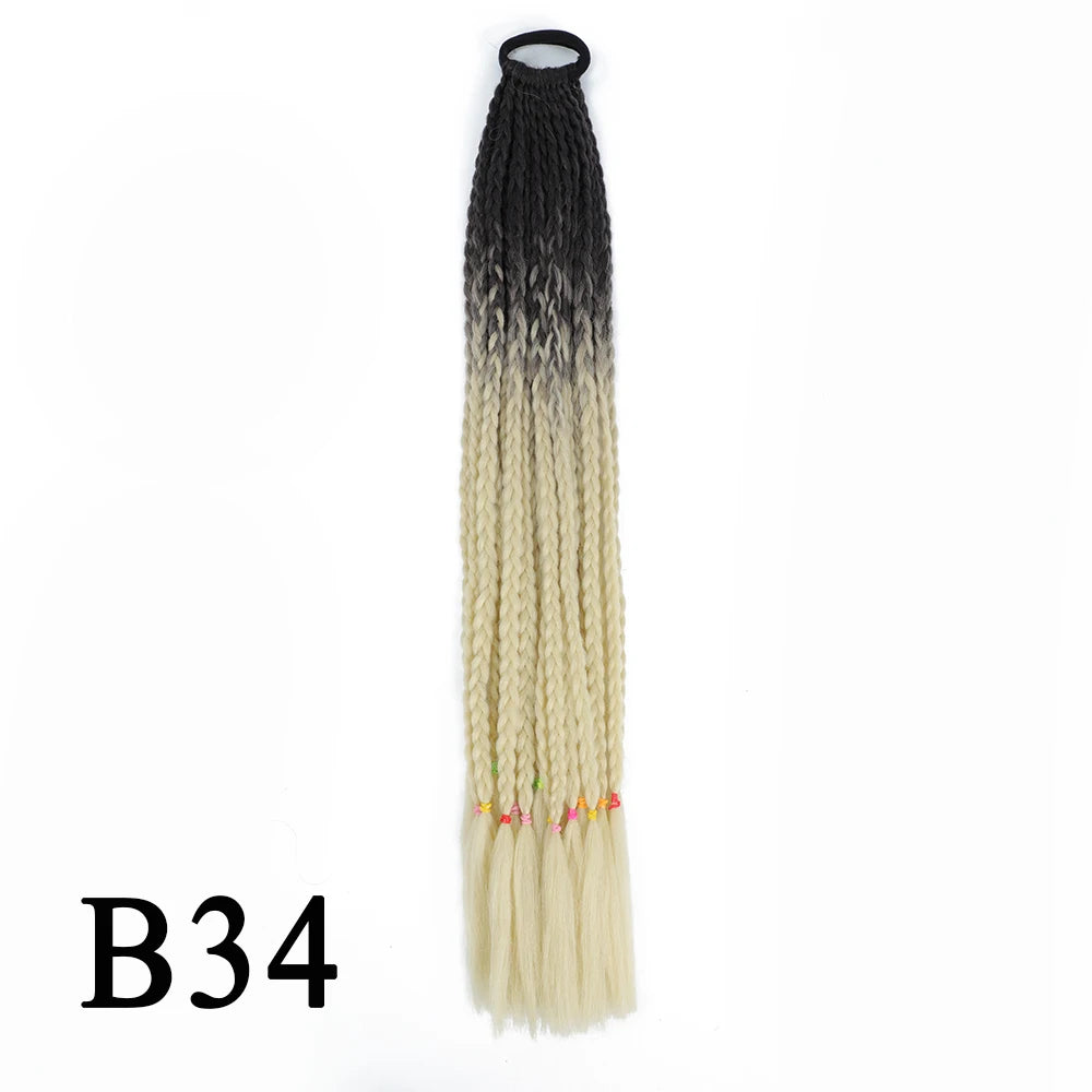 Synthetic 24 Inch Long Colored Box Braids Hair Ponytail With Rubber Bands Rainbow Twist Braided Highlights Ponytail For Women