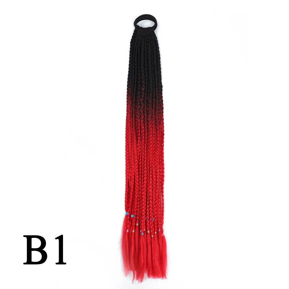 Synthetic 24 Inch Long Colored Box Braids Hair Ponytail With Rubber Bands Rainbow Twist Braided Highlights Ponytail For Women