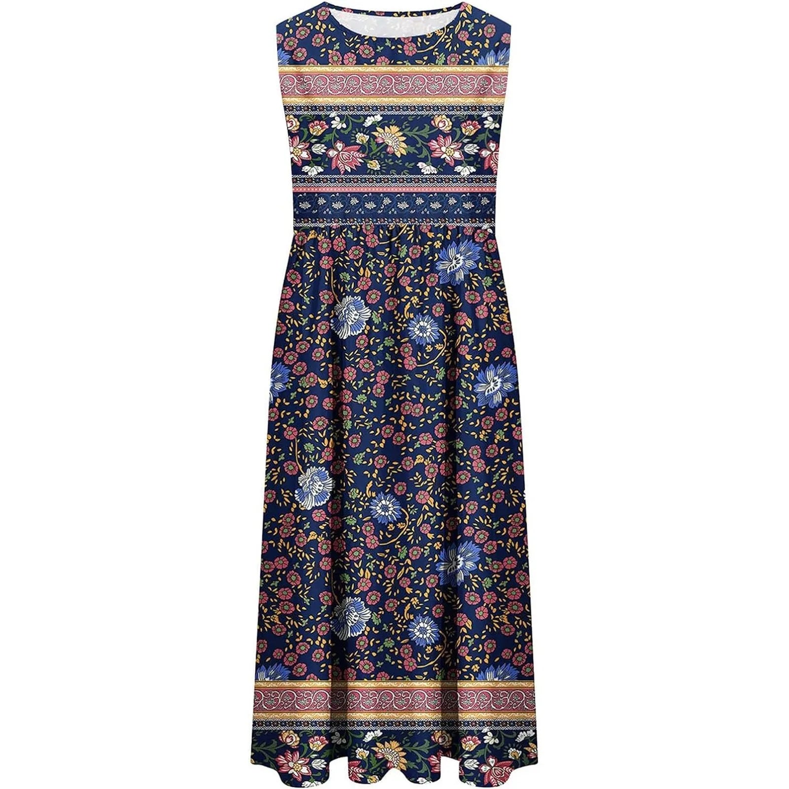 Women Casual Camisole Dress Vintage Printed Round Neck Sleeveless Dresses With Pocket Exotic Style Maxi Vestidos Woman'S Clothes