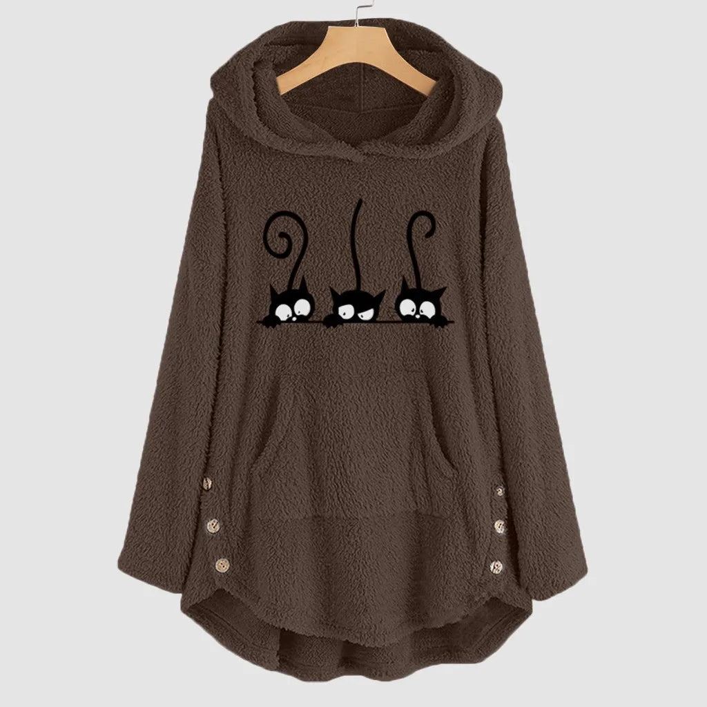 Cardigan Womens Fleece Cat Embroidery Plus Size Warm Oversized Hoodies Top Button Sweater Blouse Autumn/Winter Loose Jumper