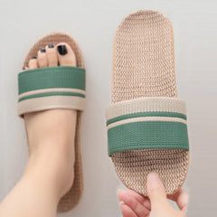 Fashion Household Slippers Flip-Flops Shoes Women Linen Slippers Beach Sandals Summer Breathable Flat Shoes Striped Sandals