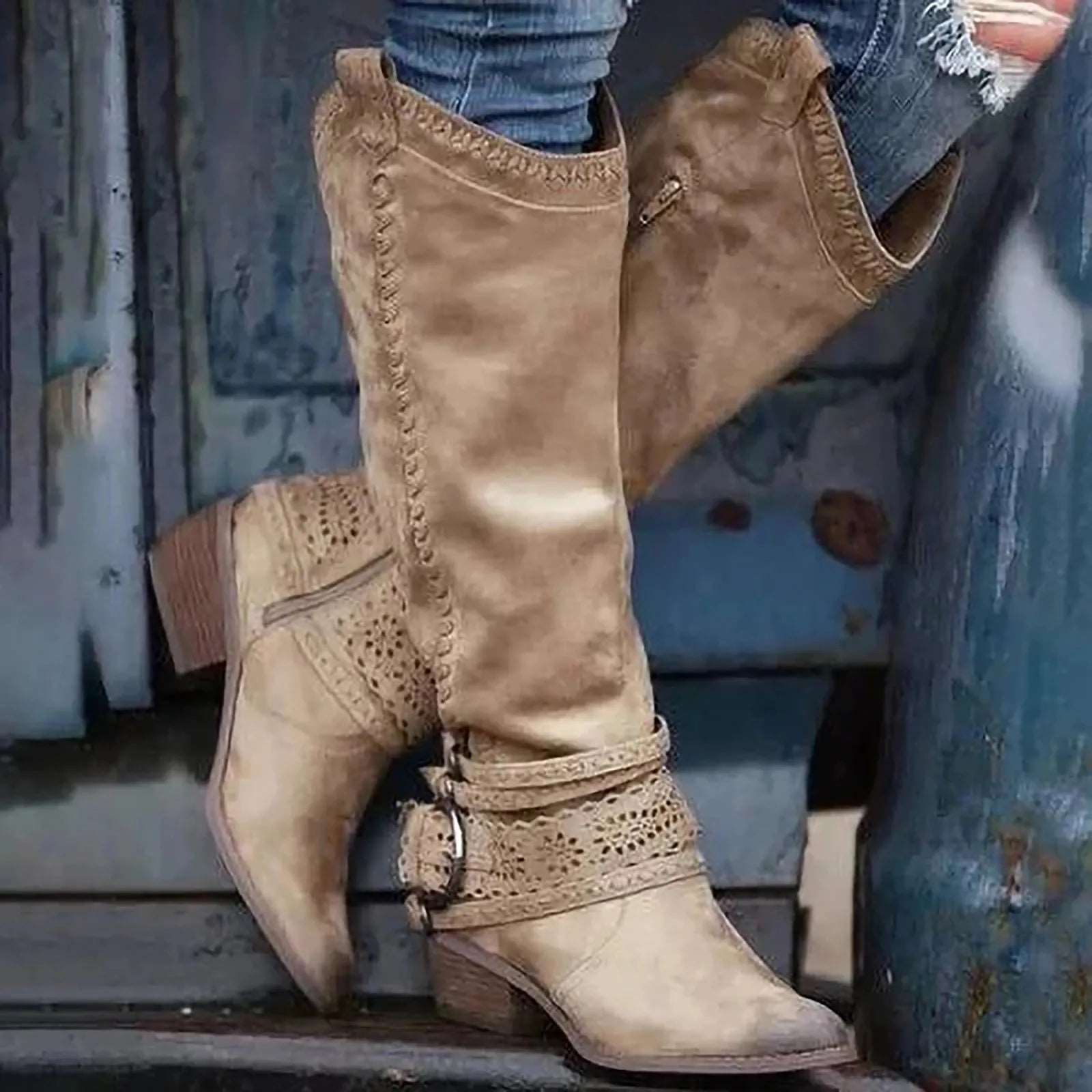 2023 New Western Cowboy Boots Buckle Ladies Low Heel Knee High Boots Retro Hollow Out Shoes Winter Female Shoes