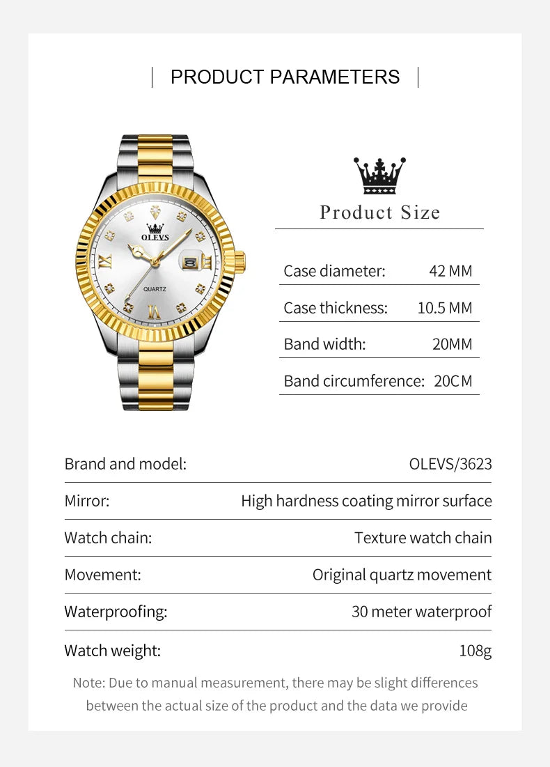 OLEVS 3623 Men's Watches Business Luxury Diamond Roman Scale Waterproof Luminous Stainless steel Gold Wristwatches Man