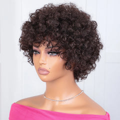 Sleek Short Brazilian Afro Kinky Curly Wig Short Human Hair Wigs For Black Women 100% Real Hair Wigs 4 Dark Brown Colored Wig