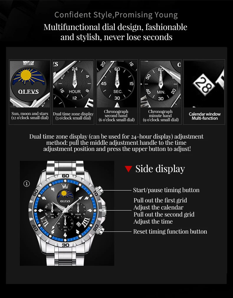 OLEVS Fashion Brand Men's Watch Waterproof and Luminous Calendar Lunar Phase Timing Code Watch Luxury Sports Men's Quartz Watch