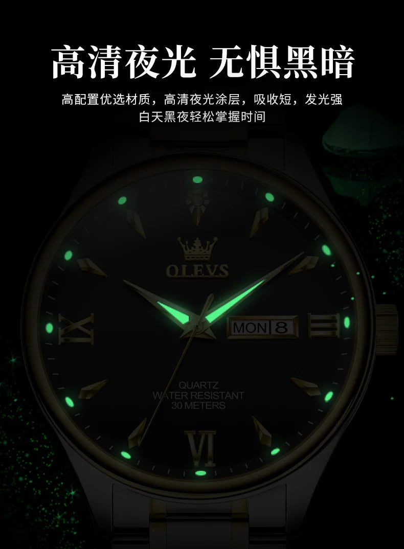 OLEVS Fashion Brand Original Men's Watches Week Calendar Luminous Quartz Watch for Men Waterproof Stainless Steel Strap Business