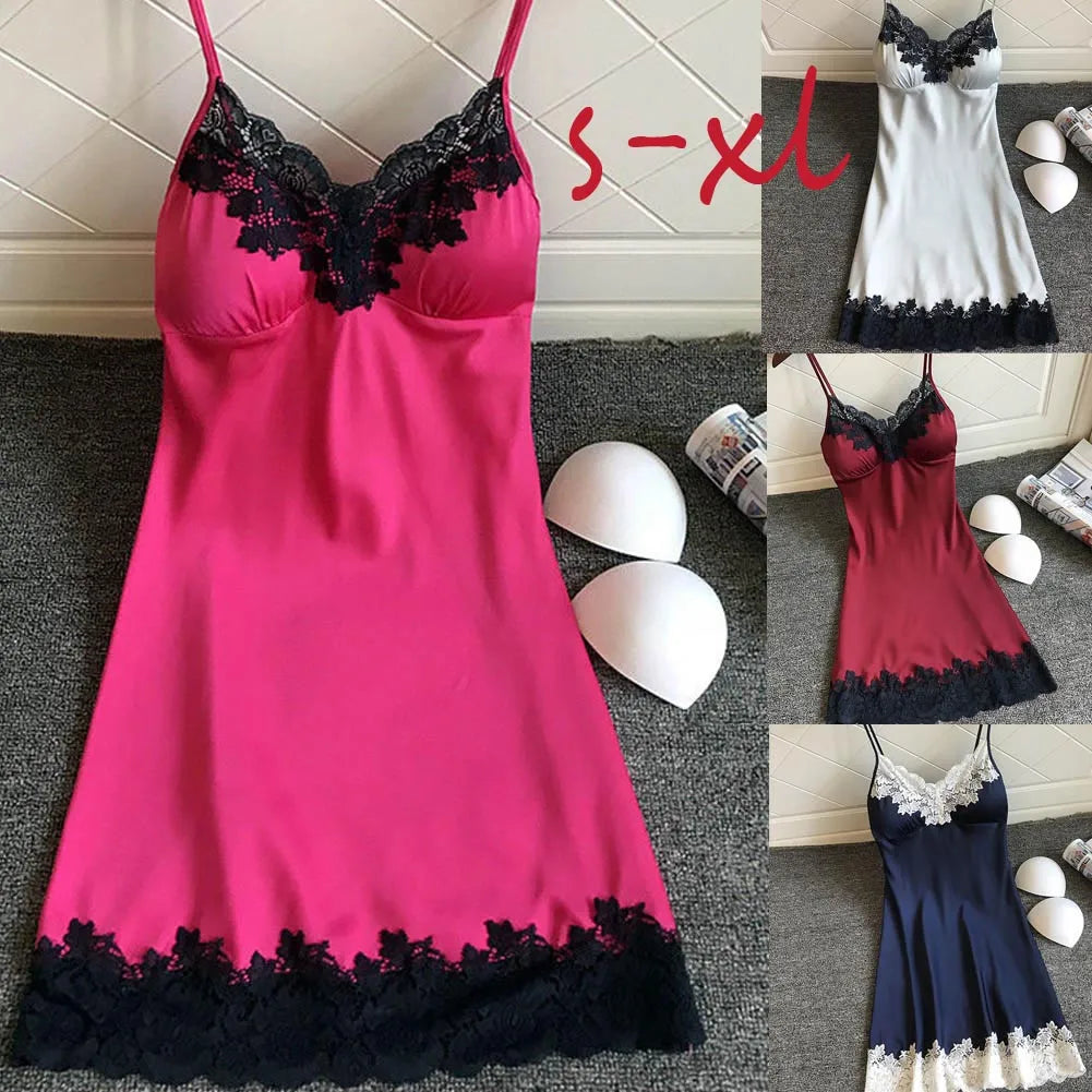 Women's Sexy Lingerie Summer Silk Night Gown Lace Patchwork Mini Night Dress Spaghetti Strap NO Chest Pad Sleepwear For Ladies