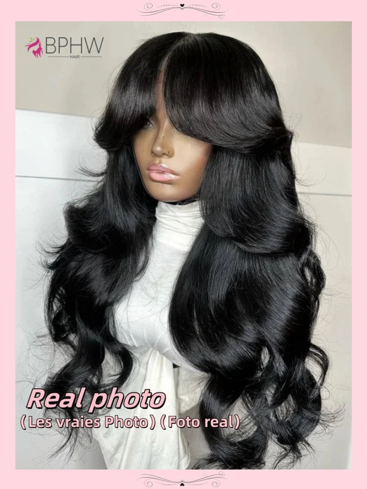 30 inches Body Wave Human Hair Wigs With Bangs Short Bob Wig 180% Density Brazilian Fringe Remy Full Machine Made Wig For Women