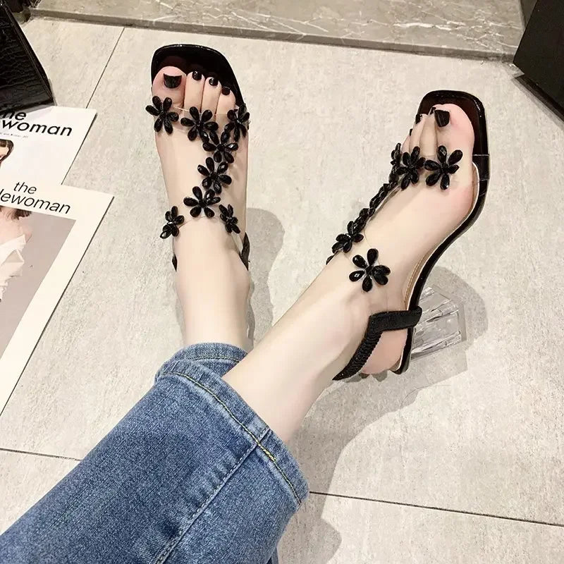 Ladies Shoes on Sale 2023 Fashion Elastic Band Women Sandals Square Toe Solid Rhinestones Transparent Chunky Heels Sandals Women