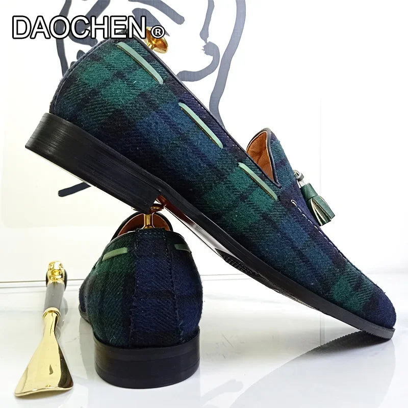 LUXURY BRAND MEN'S LOAFERS SHOES GREEN BLACK GINGHAM TASSEL SUEDE CASUAL DRESS MAN SHOES GENUINE LEATHER LOAFERS FOR MEN