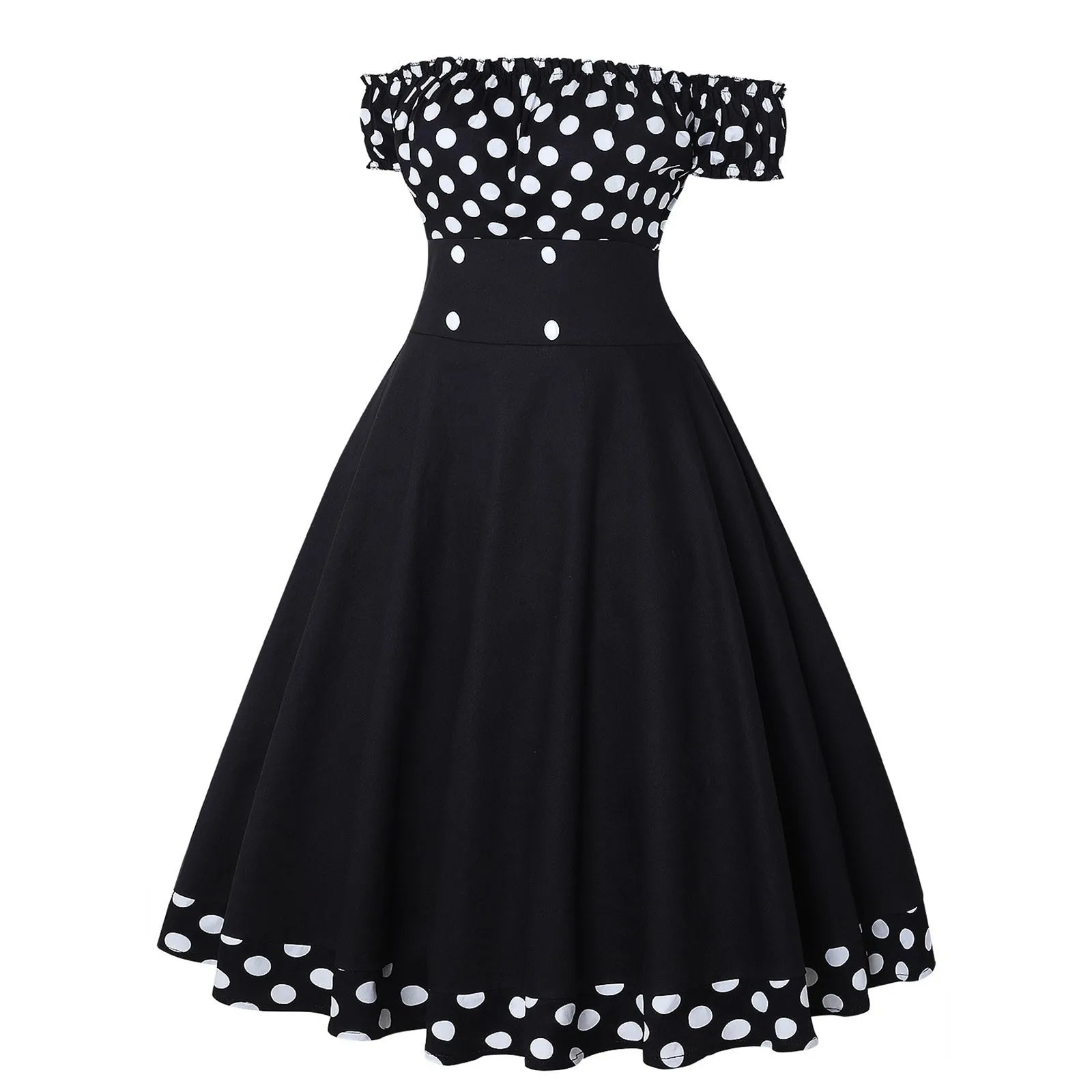 Elegant Vintage Hepburn Dress Women Black Red Off Shoulder Sleeveless A-Line Dress Female Retro Rockabilly 50s Polka Dot Dress