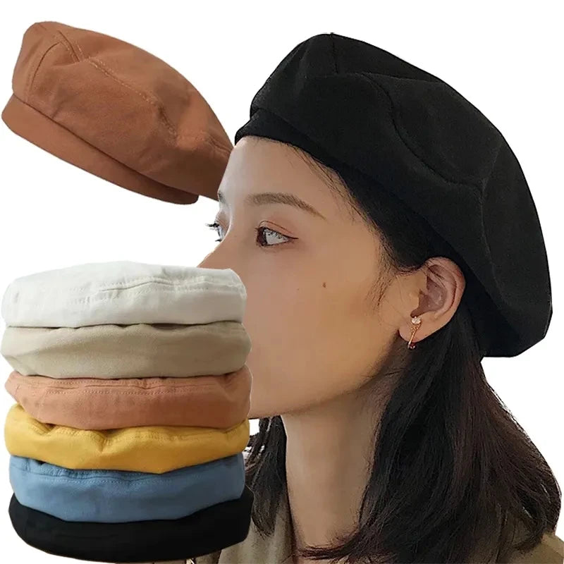 Cotton Women Berets Winter Hats Vintage French Plaid Top Military Cap Painter Hat 2023 Autumn Street Girls Octagonal Beret Caps