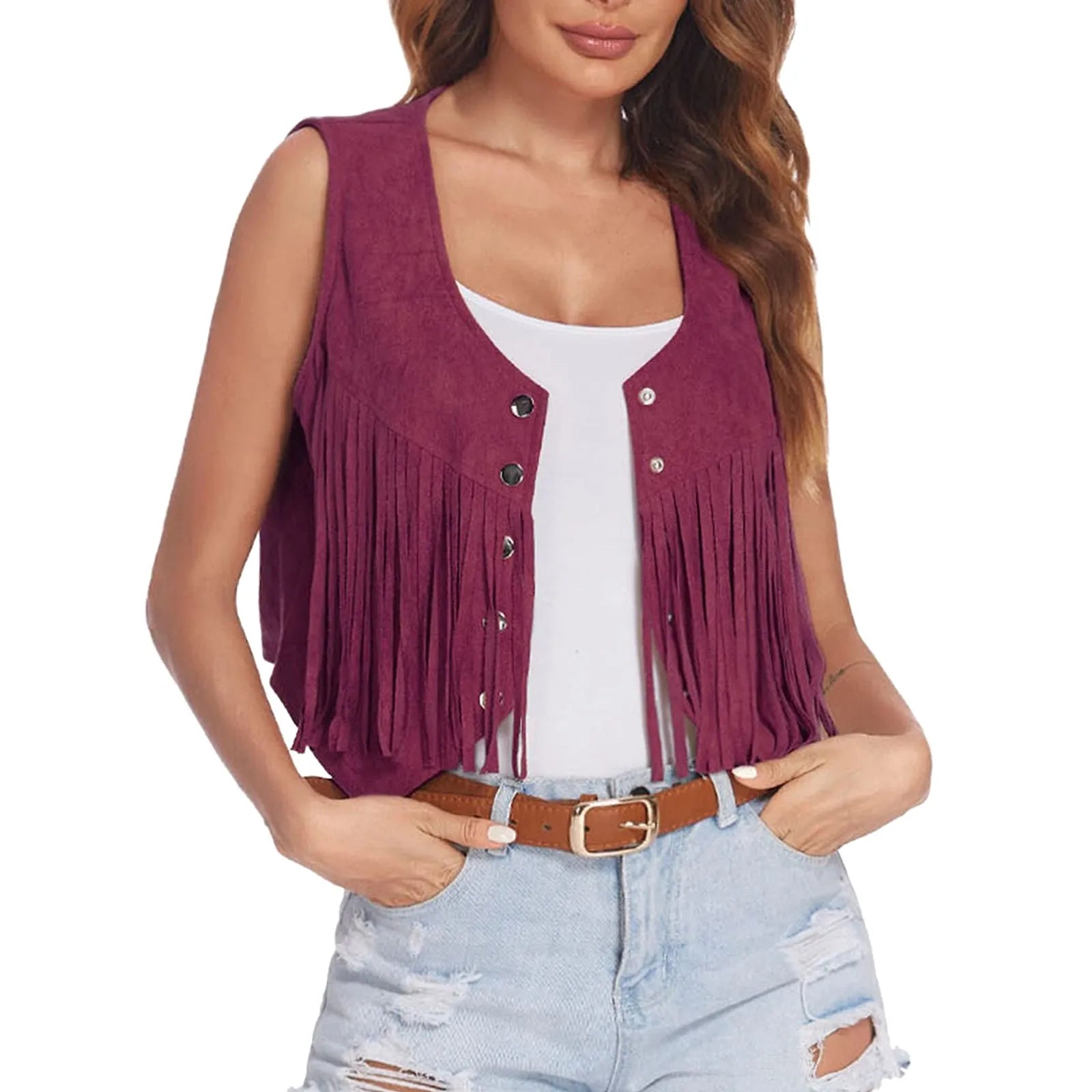 Western Fringe Vest Women Faux Suede Open-Front Vintage Vest Sleeveless 70s Hippie Clothes Boho Jacket Women Hooded Jacket