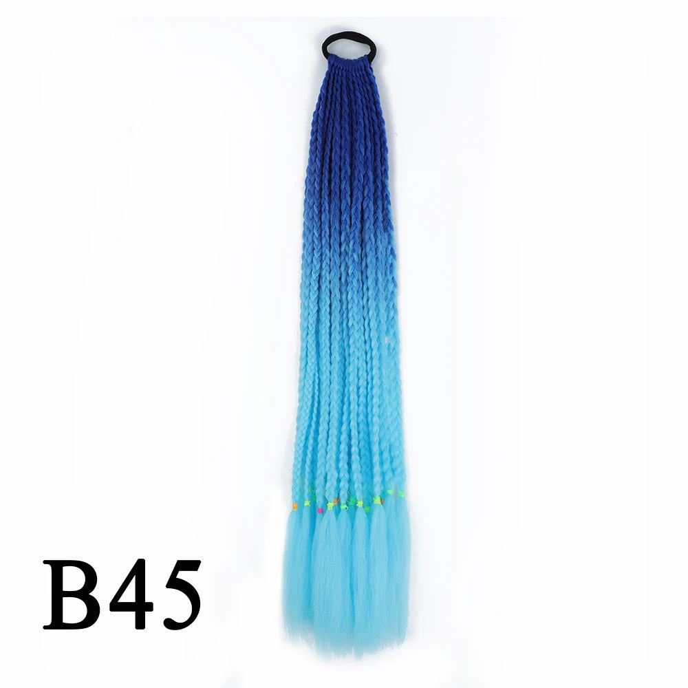 Synthetic 24 Inch Long Colored Box Braids Hair Ponytail With Rubber Bands Rainbow Twist Braided Highlights Ponytail For Women