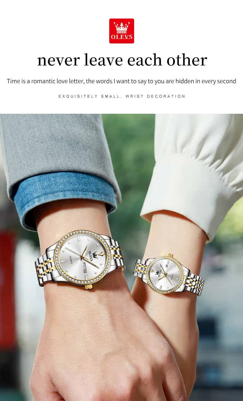 OLEVS Couple Watch Luxury Brand Business Waterproof Stainless Steel Watch Elegant Dress His or Her Diamond Quartz Couple Watch