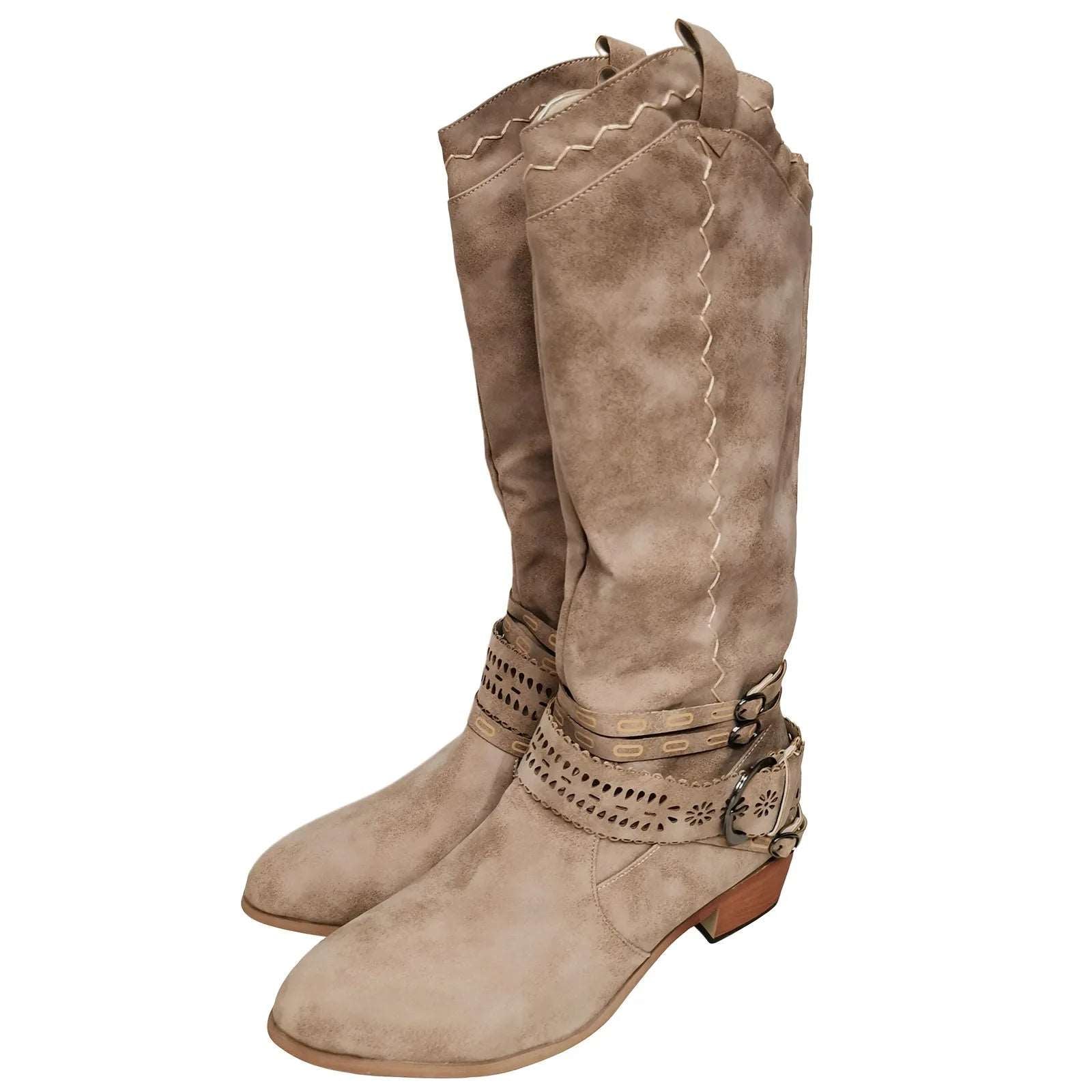 2023 New Western Cowboy Boots Buckle Ladies Low Heel Knee High Boots Retro Hollow Out Shoes Winter Female Shoes