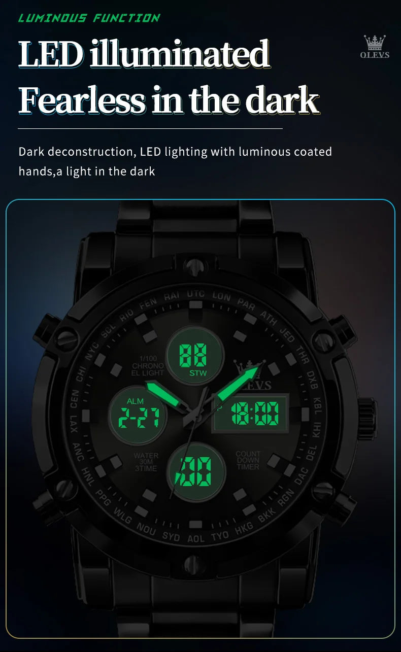 OLEVS Original Brand Men's Watches Waterproof Trendy Electronic Watch Multifunctional LED Luminous Fashion Stainless Steel