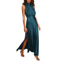 Summer Elegant Women Summer Long Formal Satin Dresses Mock Neck Sleeveless Side Slit Flowy Maxi Tank Dresses Woman Party Night