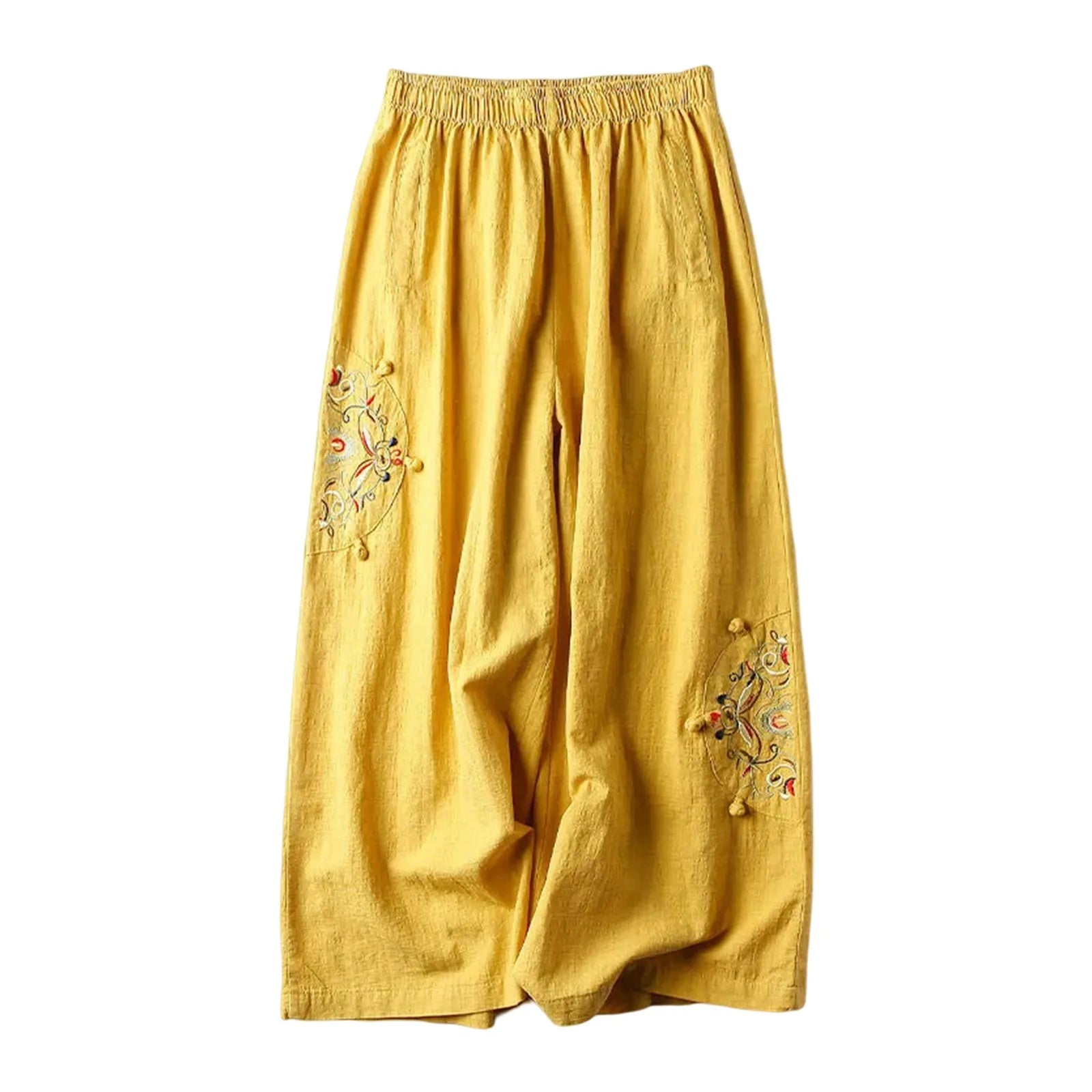 Women Ethnic Style Casual Pants For Women Embroidered Elastic Waist Wide Leg Trousers Women Pantalones Cotton Linen Culottes