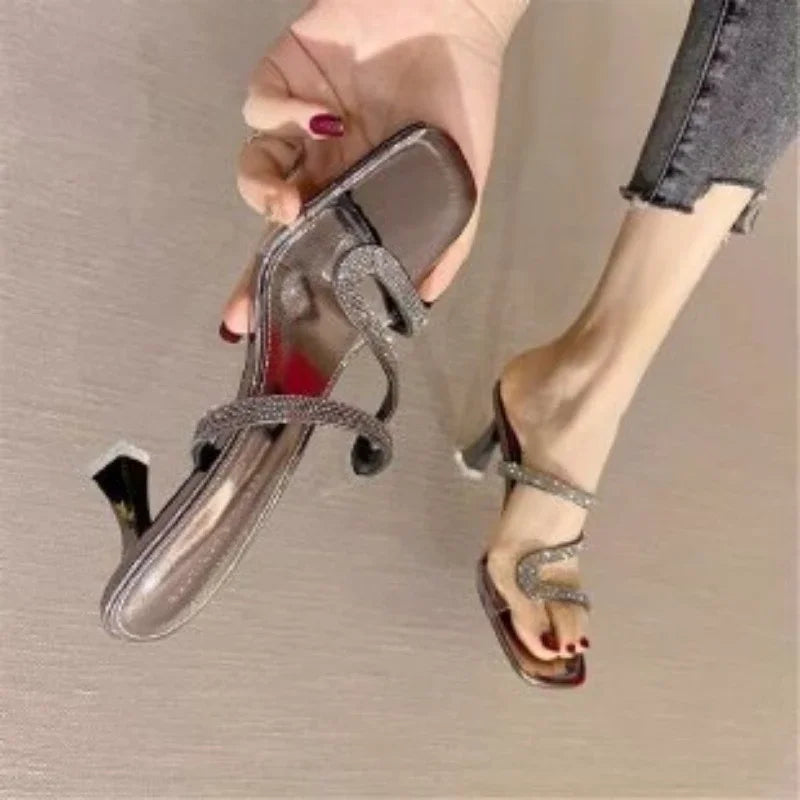 Water Diamond Slippers for Women 2024 Summer New Fashion Thin Heeled Slides Transparent Fashion Comfort High Heel Shoes 35-42