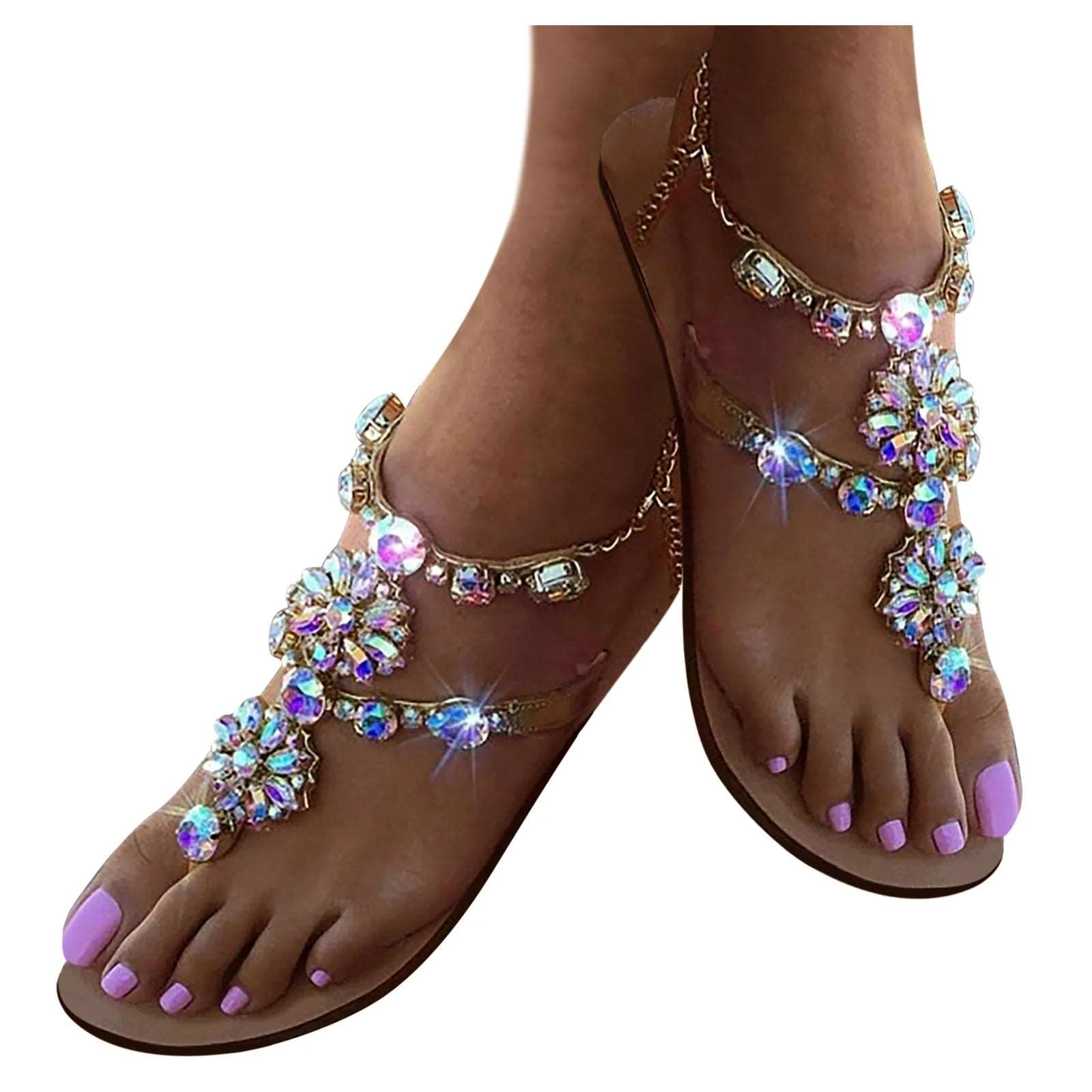 2023 Summer New Women Sandals Casual Flats Rhinestone Round Toe Sandals Buckle Strap Shoes Bohemian Style Flat Sapatos Feminino