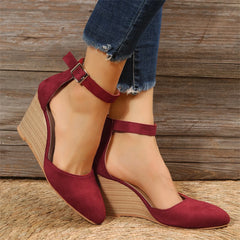 Fashion Women High Heel Sandals Closed Toe Solid Suede Pointed Wedge Heel Shoes Thick Bottom Buckle Sandals Female Footwear 샌들