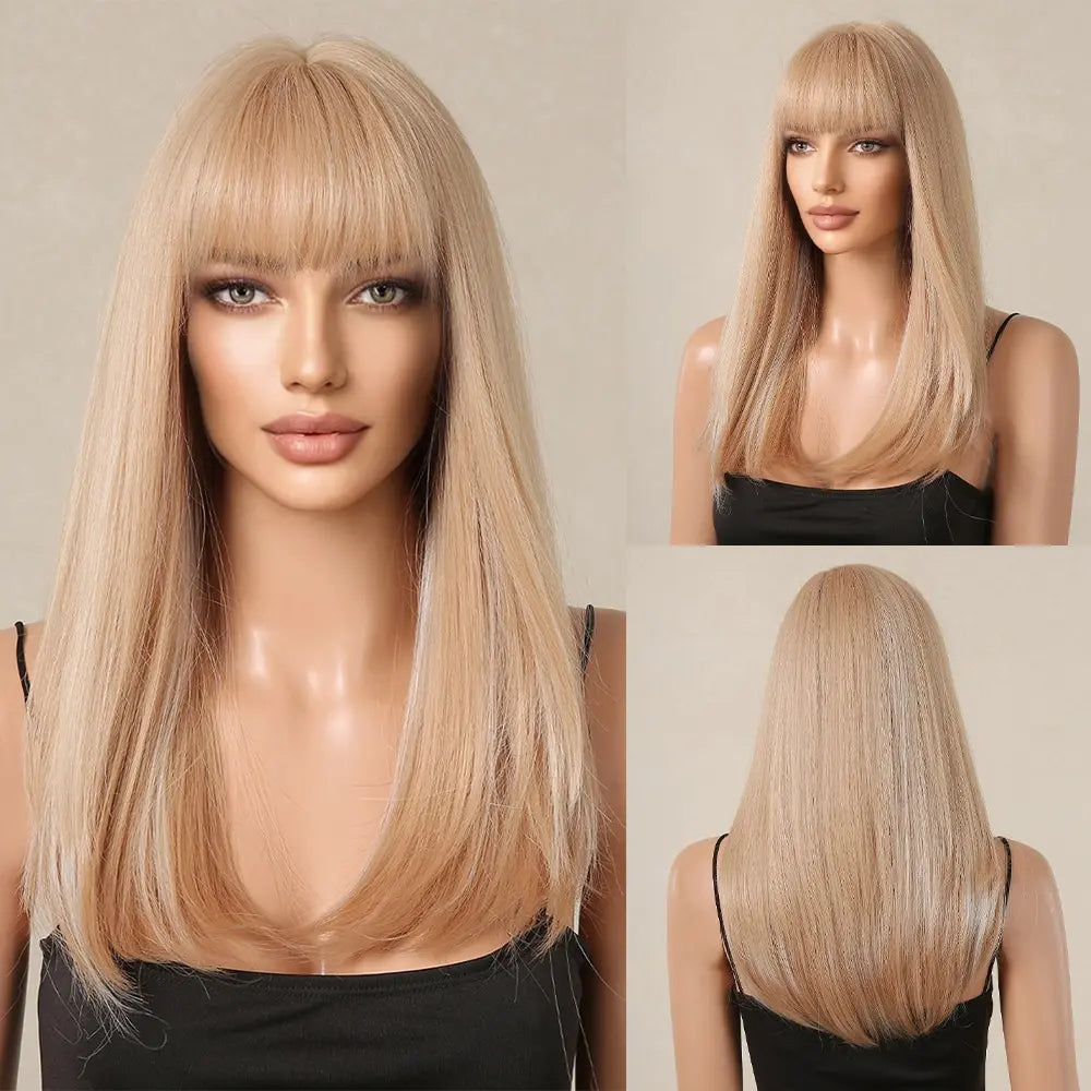 Blonde with Brown Highlight Long Straight Synthetic Wigs for Women Natural Hair Wigs with Bangs Heat Resistant Cosplay