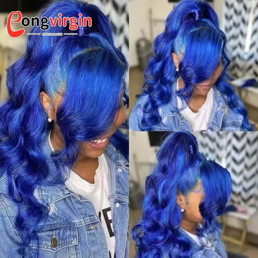 Dark Blue 360 Full Lace Wig Human Hair Pre Plucked Body Wave Lace Front Wigs Hd Transparent Lace Frontal Wig For Women On Sale