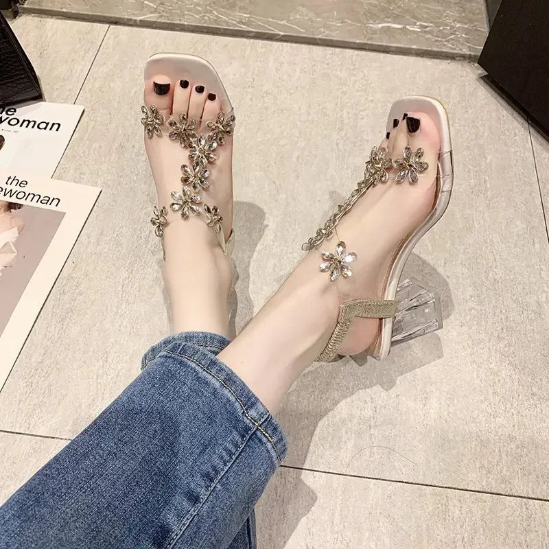 Ladies Shoes on Sale 2023 Fashion Elastic Band Women Sandals Square Toe Solid Rhinestones Transparent Chunky Heels Sandals Women