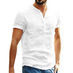 Mens Pullover Linen Shirts Short Sleeve Summer Breathable Mens Button V Neck Casual Henley Shirt Slim Fit Solid Cotton Shirts