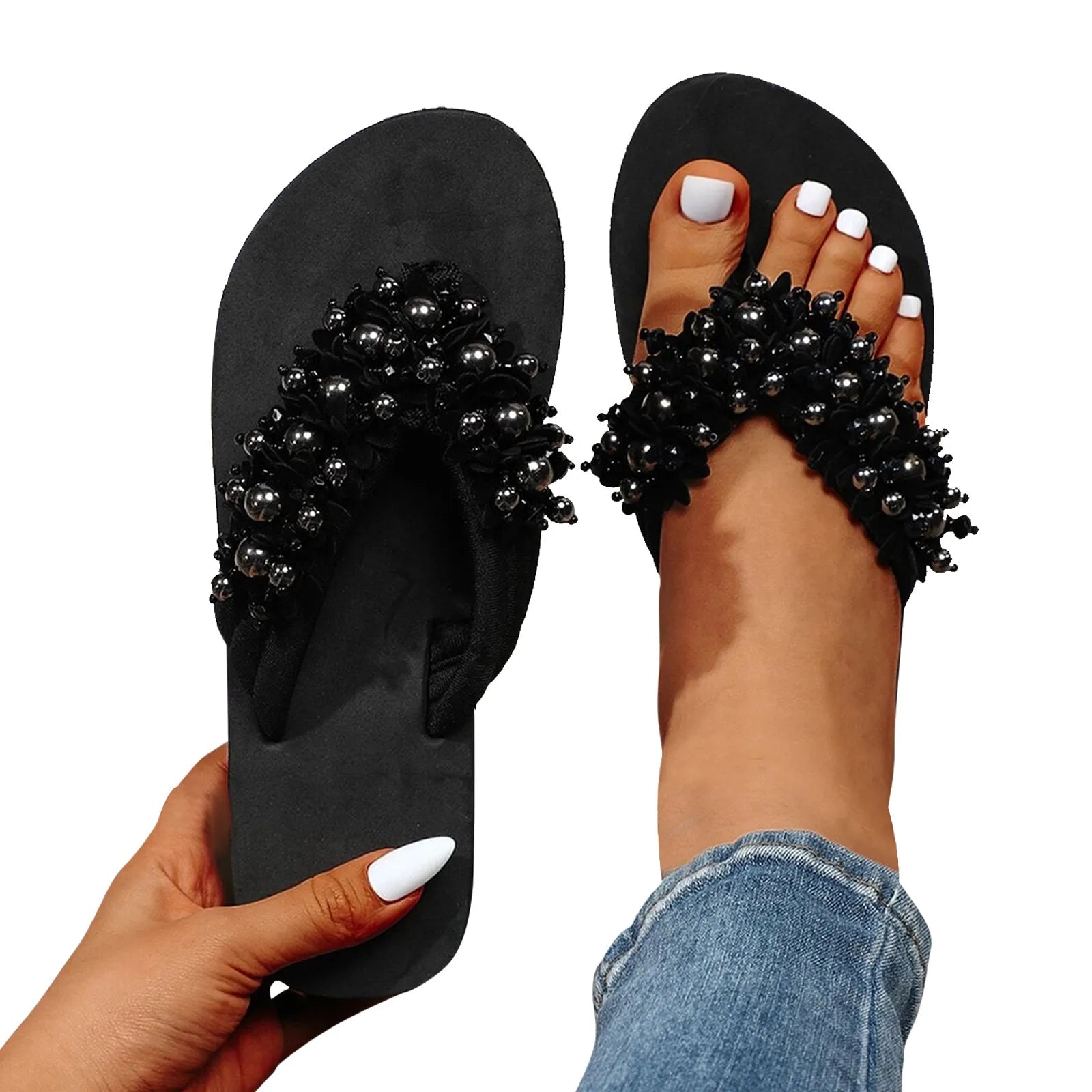 New In Ladies Slippers Summer Beaded Pearl Decorative Fashion Women's Shoes Women's Wedge Thick Platform Beach Slippers Shoes