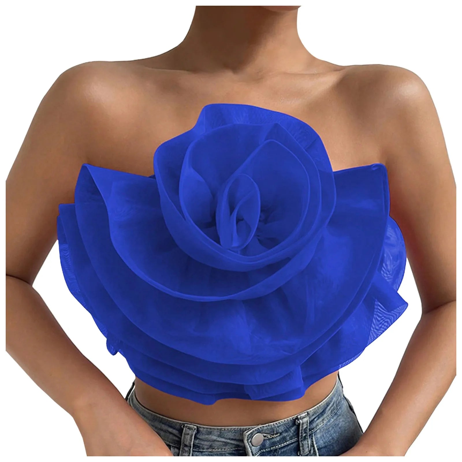 Women's Flower Front Crop Tube Top Sleeveless Strapless Solid Shirred Tops Summer 2024 Chic Trendy Clothes Vest Tank Female Tops