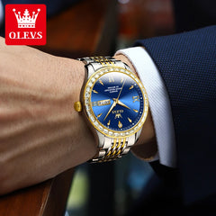 OLEVS 9922 Men's Watches Diamond Bezel Dual Calendar Display Clock Man Stainless steel Waterproof Business Dress Watch for Male