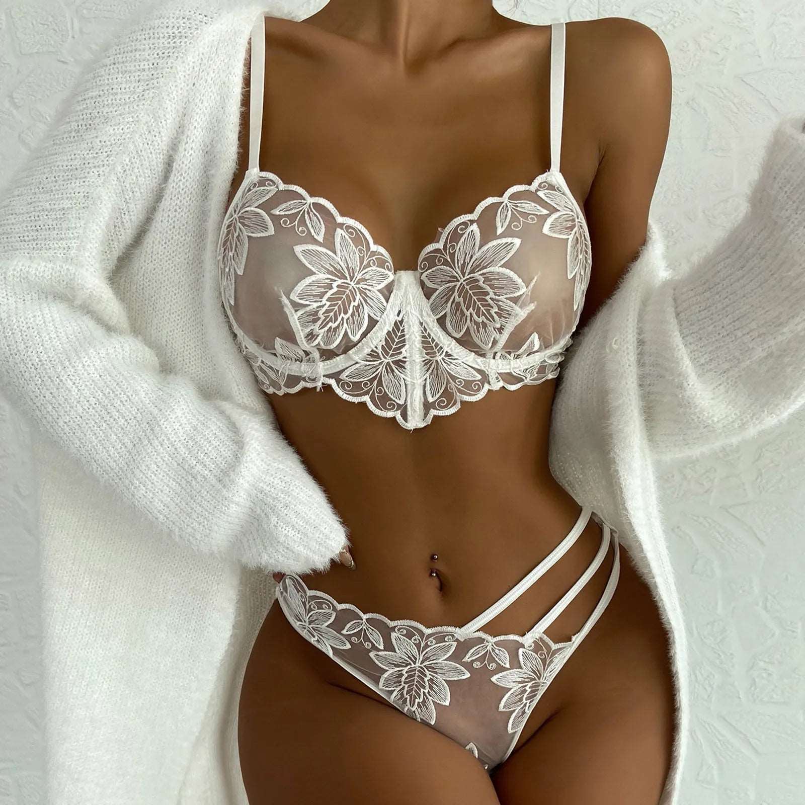 Lingerie Women Sexy Embroidered Underwear Set Lace Lingerie Set Ladies Transparent Bra Set Sexy Porno Solid Babydoll Underwear