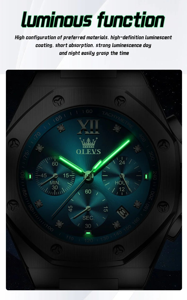 OLEVS Luxury Brand Men Watch Chronograph Waterproof Luminous Fashion Cool Quartz Watch for Men Stainless Steel Hand Clock 2024