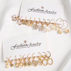 Gold Color Butterfly Love Hoop Earrings Set New Creative Simple Heart Hollow Dangle Earring for Women Fashion Trendy Jewelry