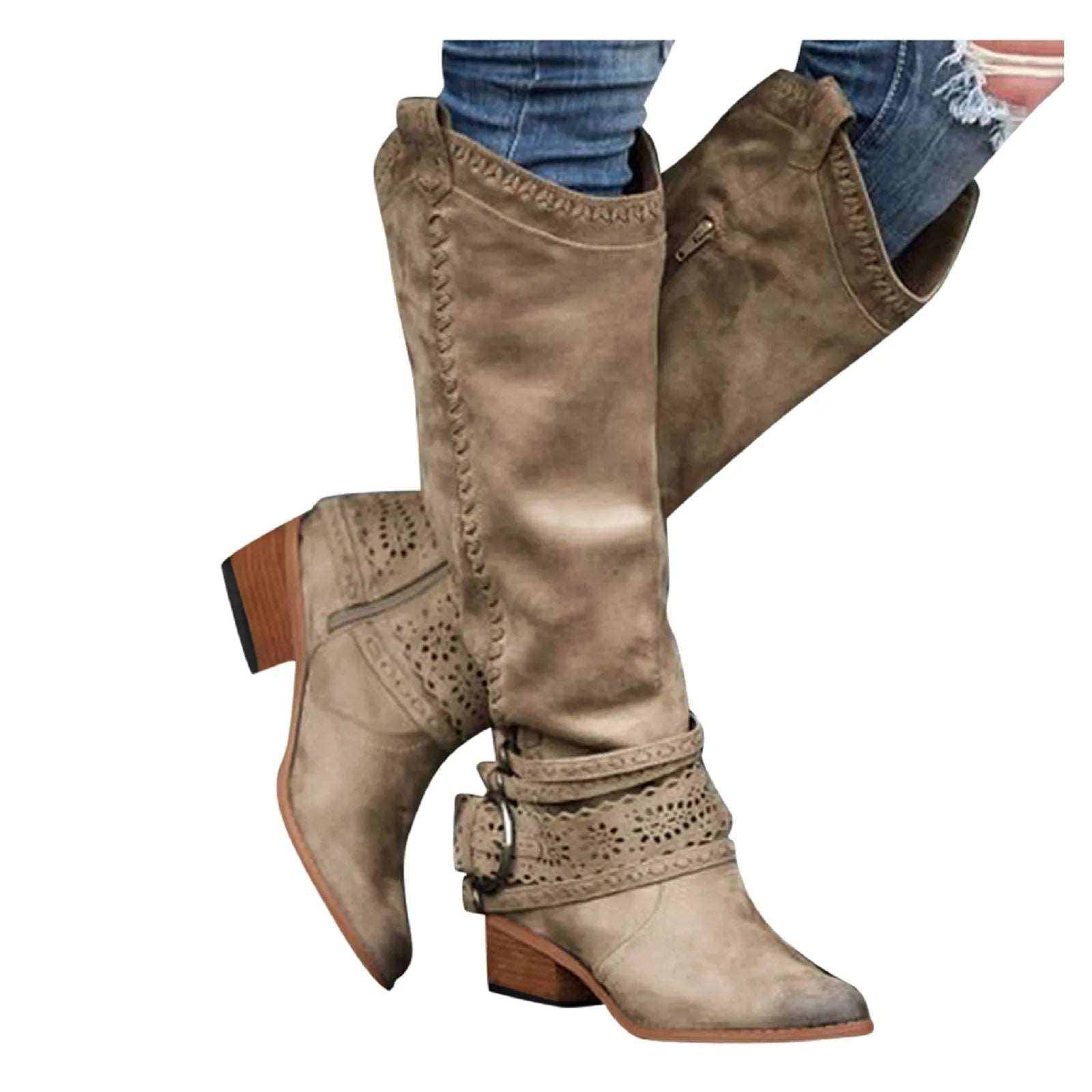 2023 New Western Cowboy Boots Buckle Ladies Low Heel Knee High Boots Retro Hollow Out Shoes Winter Female Shoes