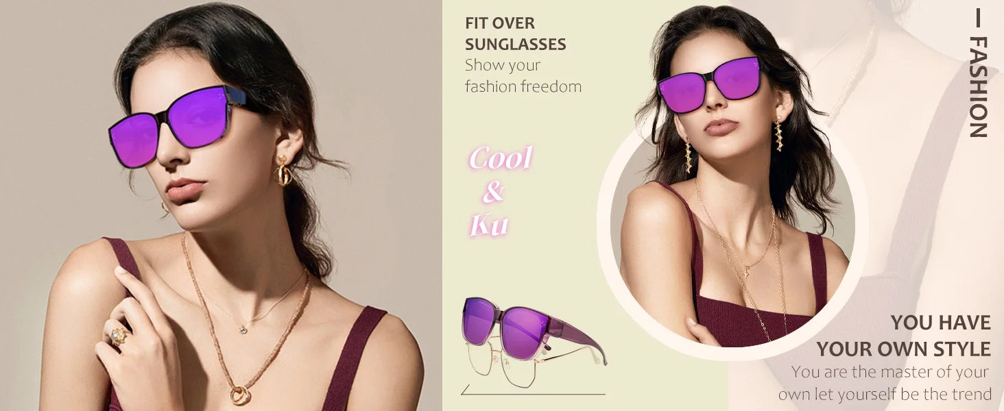 Cool&Ku Women Men Polarized Fit Over Sunglasses Oversized Trendy Square Cat Eye Wear Over Glasses