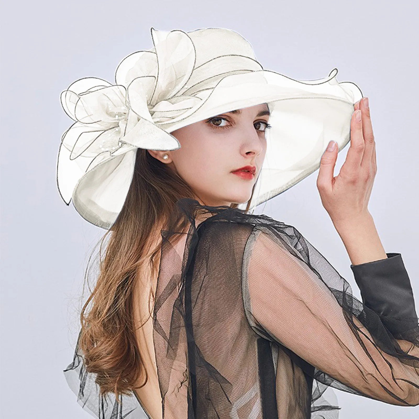 Elegant Women's Summer Hat Wide Bridal Style Leaf Flower Mesh Polyester Shower Hats Solid Color Sun Protection Visors Caps