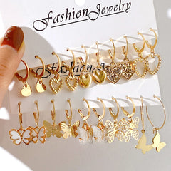 Gold Color Butterfly Love Hoop Earrings Set New Creative Simple Heart Hollow Dangle Earring for Women Fashion Trendy Jewelry