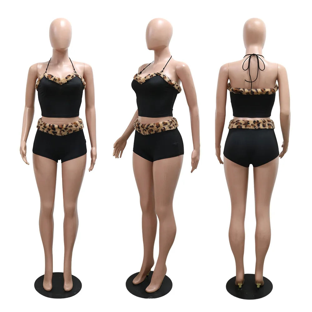CM.YAYA Women's Set Strapless Sleeveless Leopard Print halter  Top and Shorts Suits 2024 Street Two 2 Piece Set Outfit Tracksuit